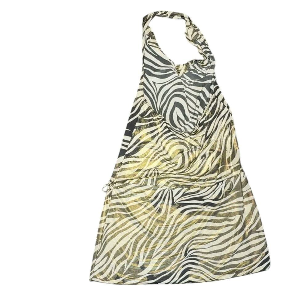 Zebra Print Metallic Gold Halter Top, Cowl Neck Sleeveless Blouse, Size M
